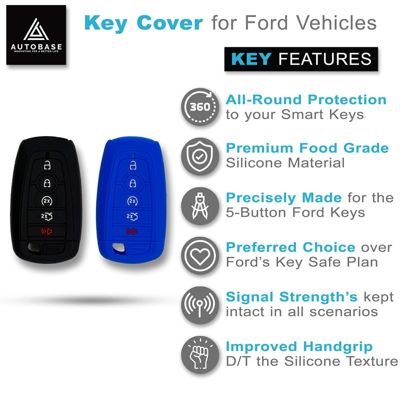 Autobase Silicone Key Fob Cover for 2025 2024 Ford Explorer Bronco Expedition Mustang F-150 Raptor Fusion F150 F250 F350 F450 F550 Edge | Car Accessory | Key Protection Case 2 Pcs (Black and Blue) - Image 2